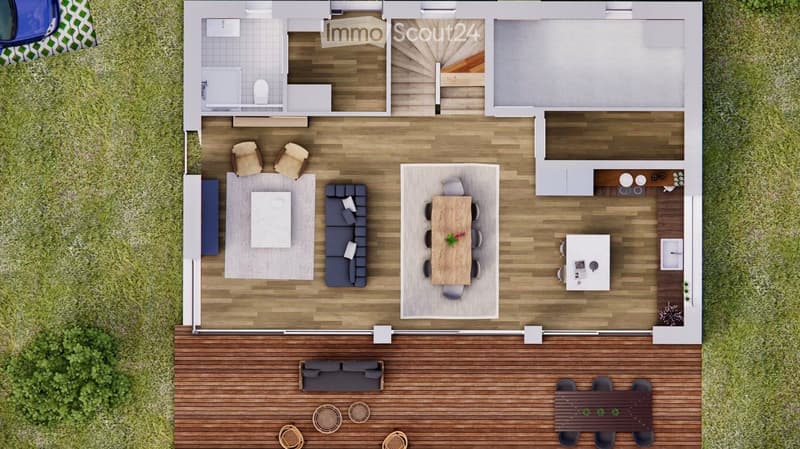 Top-down floor plan of a modern house with living room, dining area, kitchen, bedrooms, and a patio. Includes furniture like sofa, dining table, and outdoor seating.