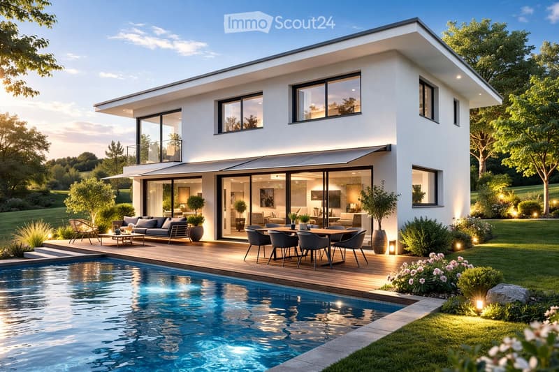 Modern two-story house with large windows, a spacious terrace, a swimming pool, and well-maintained garden.