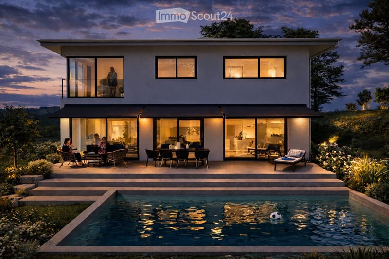 Modern two-story house with large glass windows and sliding doors, featuring a spacious outdoor patio with seating, a swimming pool, and well-maintained garden.