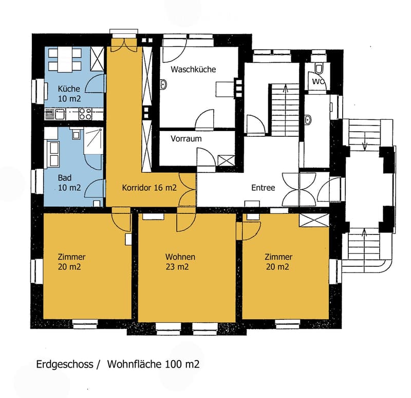 Ground floor floor plan showing a kitchen, bathroom, hallway, living area, two bedrooms, entrance, and utility room.