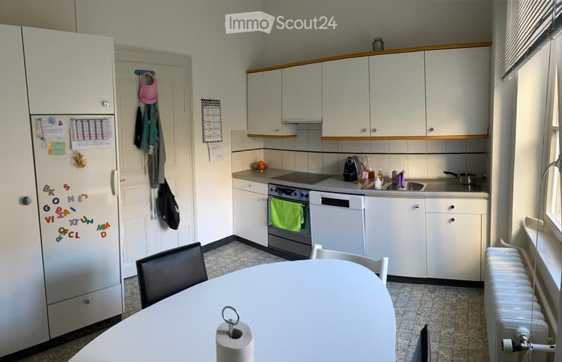 The kitchen features white cabinets, a refrigerator with colorful magnets, an oven with a green towel, a dishwasher, a sink with a faucet, and a small dining area with a table and chairs.