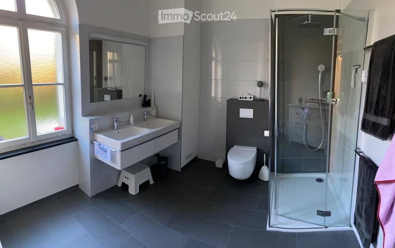 Modern bathroom with double sink, large mirror, toilet, glass-enclosed shower, and towels.