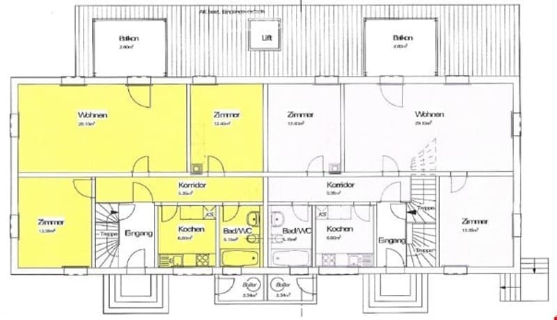 Floor plan of a multi-room apartment with labeled rooms including living room, bedrooms, kitchen, bathrooms, and corridors.