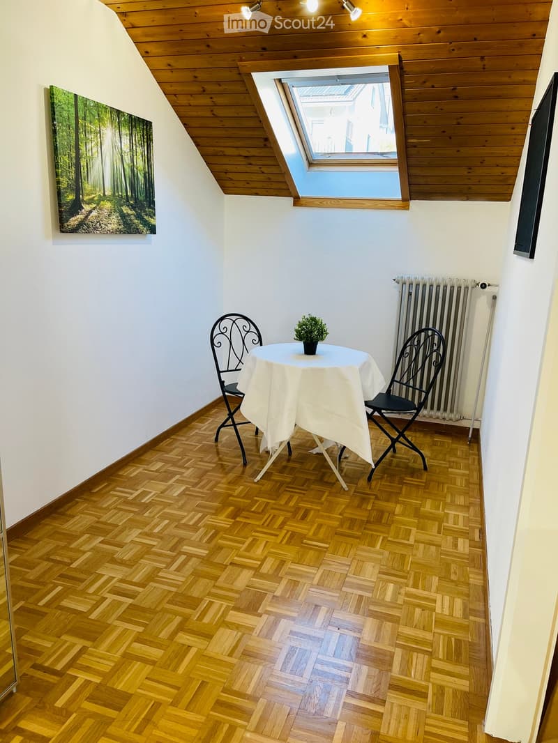 A small room with a table and chairs, wooden parquet flooring, white walls, a radiator, and a skylight window