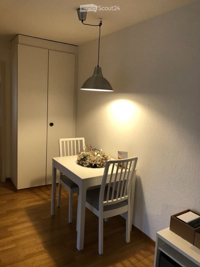 A small, modern dining area with a white table, two chairs, a flower arrangement, a hanging lamp, and a small shelf with boxes.