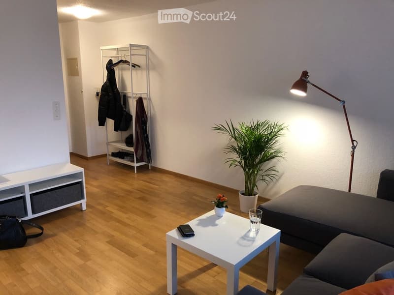 Modern living room with wooden flooring, white walls, a grey sofa, a white coffee table, a floor lamp, a coat rack, and a potted plant.