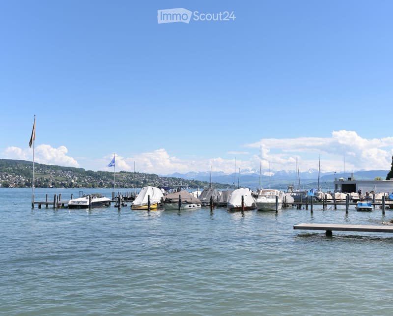 A serene lakeside scene with several boats docked at a pier, surrounded by a clear blue sky and distant mountains.