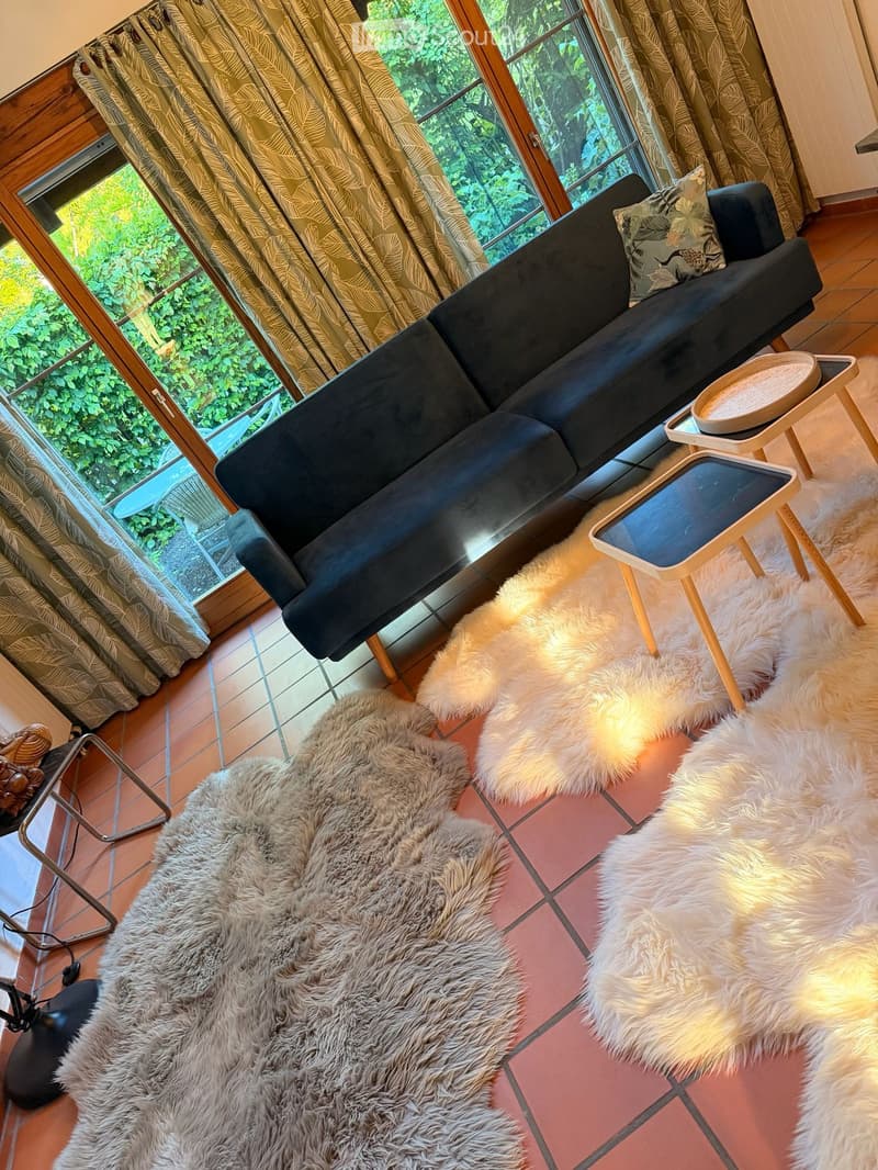 Living room with a dark grey sofa, wooden side tables, and multiple fur rugs on the floor.