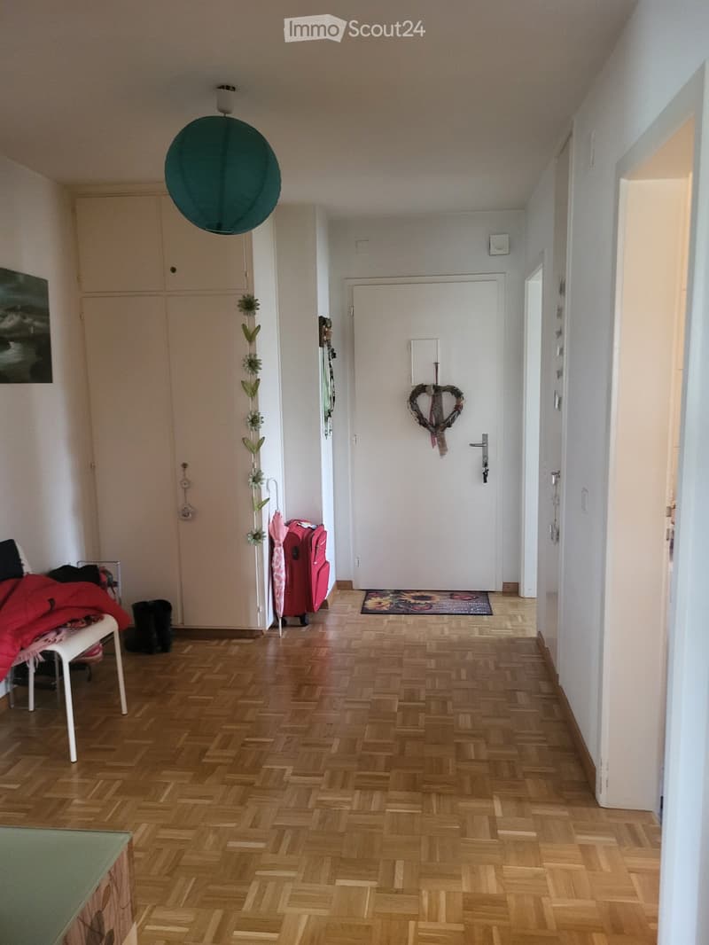 A narrow hallway with wooden flooring, white walls, and several doors. A green paper lantern hangs from the ceiling, and a small plant is placed near a cabinet. A red suitcase and a white chair with a red blanket are visible on the left side.