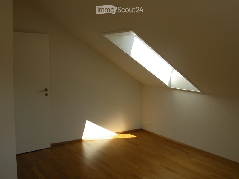 Empty attic room with wooden flooring, white walls, and a skylight window allowing natural light to enter.