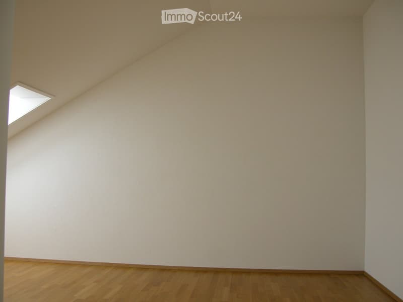 Empty room with light-colored walls and wooden flooring, featuring a small skylight window in the ceiling.