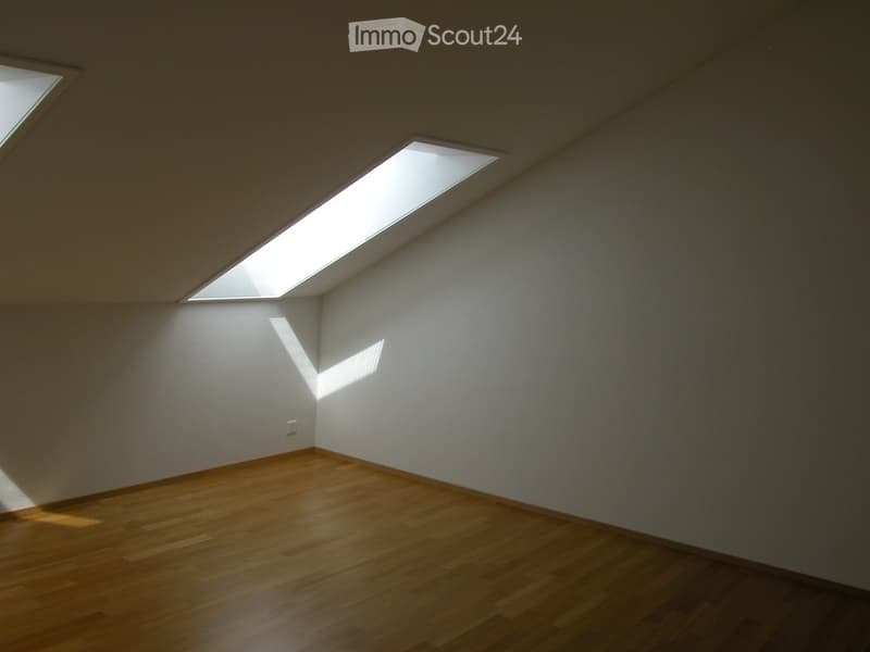 Empty room with wooden flooring and white walls, featuring two skylights that allow natural light to enter.