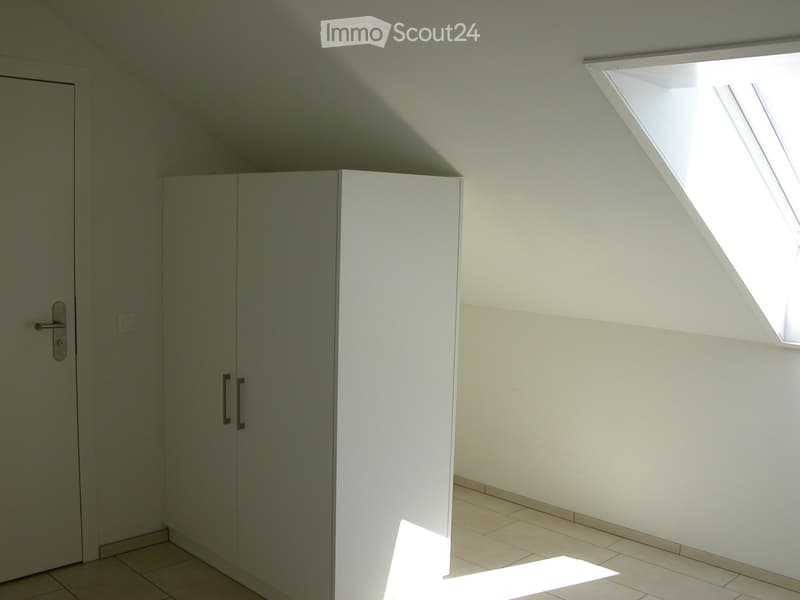 Empty room with white walls, tiled floor, built-in white closet, and a skylight window allowing natural light.