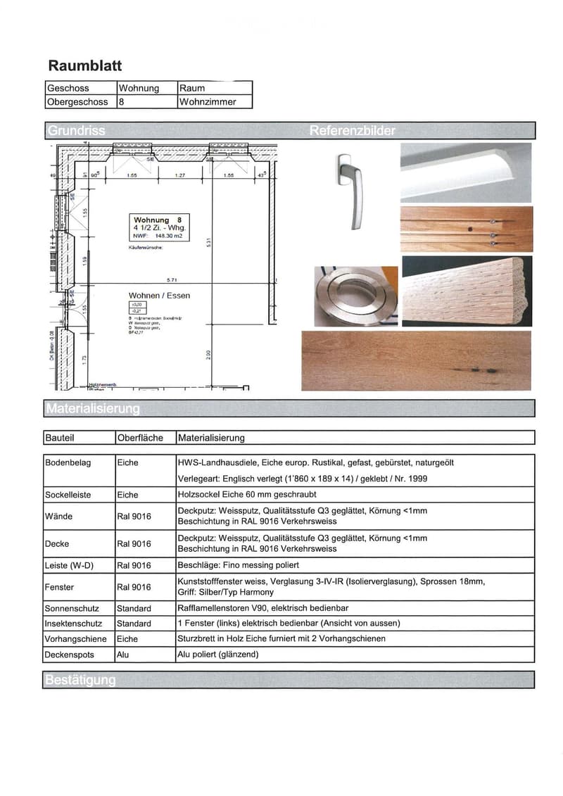 Floor plan of apartment 8 on the upper floor, including living room, kitchen, and dining area. Detailed specifications for materials and finishes are provided, including oak flooring, wall and ceiling coatings, and window details.