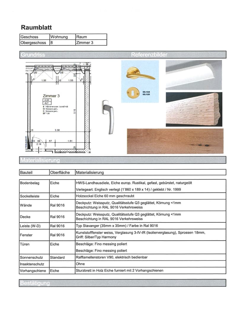 Floor plan of room 3 on the upper floor, showing dimensions, materials, and finishes for flooring, walls, ceiling, windows, and doors.