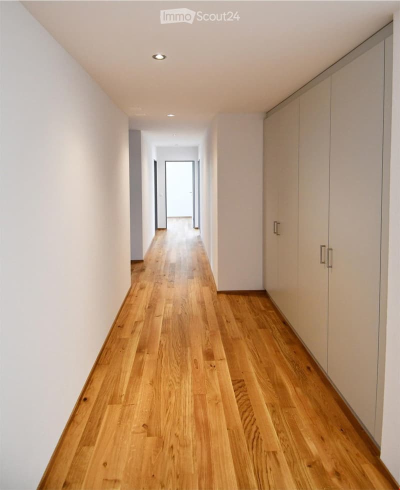 A long, narrow hallway with light wooden flooring and white walls, featuring built-in white cabinets on one side and recessed lighting in the ceiling.