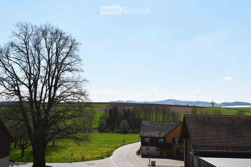 A two-story house with a tiled roof, situated in a rural area with a large open field and a winding road leading to it.