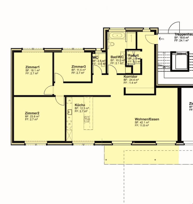 Floor plan of a residential unit with four bedrooms, a kitchen, a living/dining area, a bathroom, a WC, a hallway, and a staircase leading to an upper level.