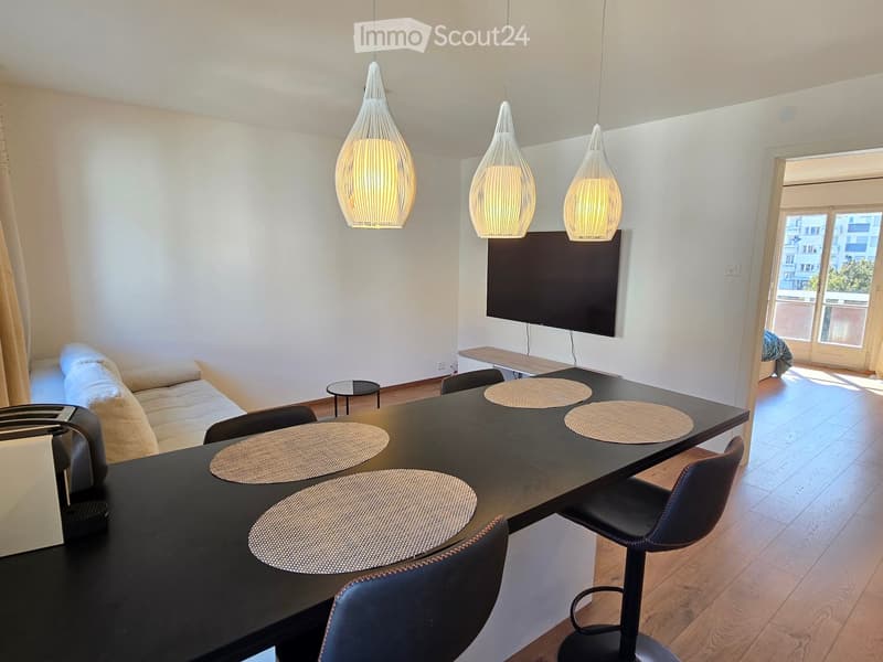 Modern living room with a sofa, a large dining table with chairs, a television, and pendant lights.