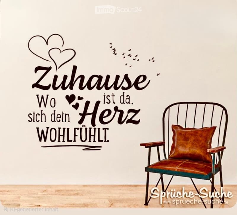 A single chair with a leather seat and backrest is placed on a wooden floor. The wall features a decorative German quote with hearts and birds.