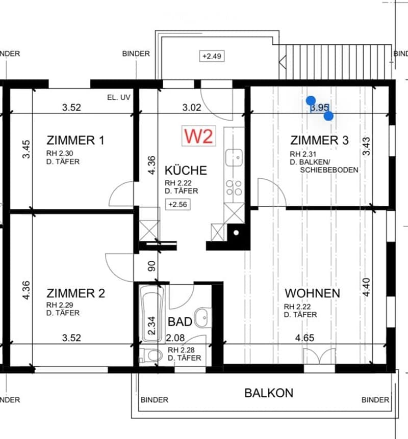 Floor plan showing a kitchen, two bedrooms, a living room, a bathroom, and a balcony.