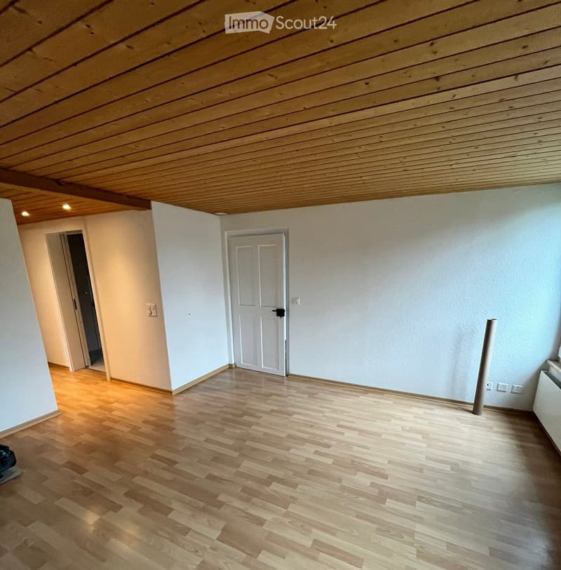 Empty room with wooden flooring, white walls, and a slanted wooden ceiling. Two doors are visible, one leading to another room.