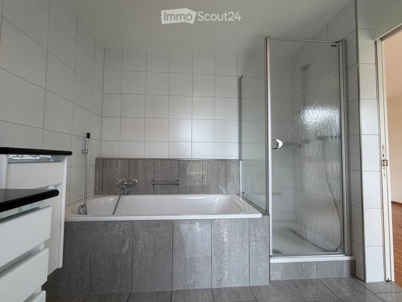 Modern bathroom with a white bathtub, glass shower enclosure, and tiled walls.
