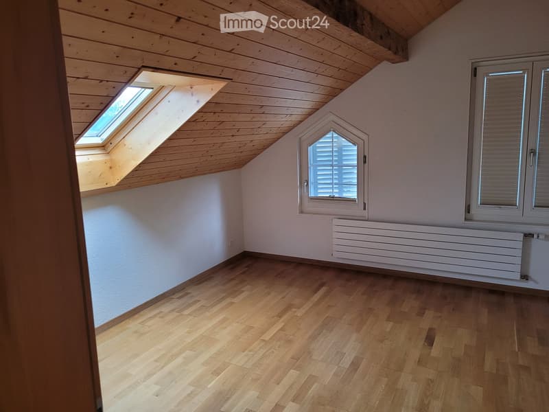 Empty attic room with wooden flooring, white walls, skylight window, and radiator.