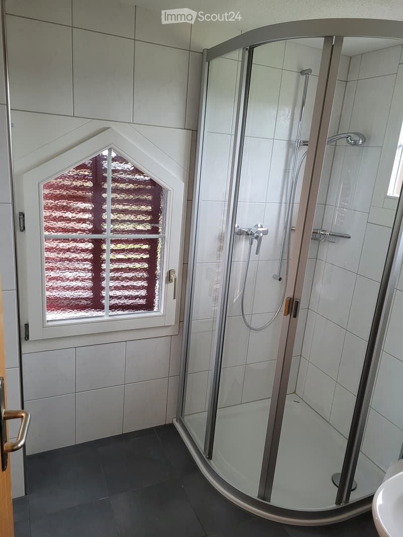 Modern bathroom with a glass-enclosed shower, tiled walls, and a window with decorative glass panels.