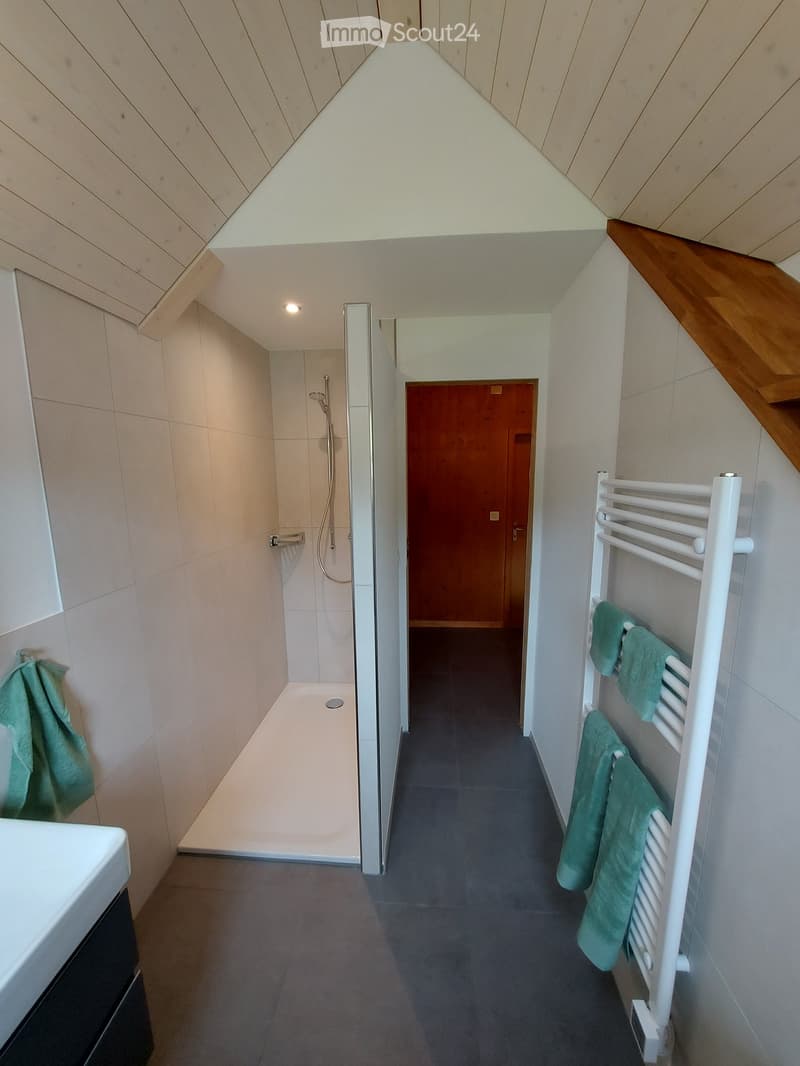 A narrow hallway with a modern design, featuring a shower area on the left, a towel rack with green towels on the right, and a wooden door at the end.