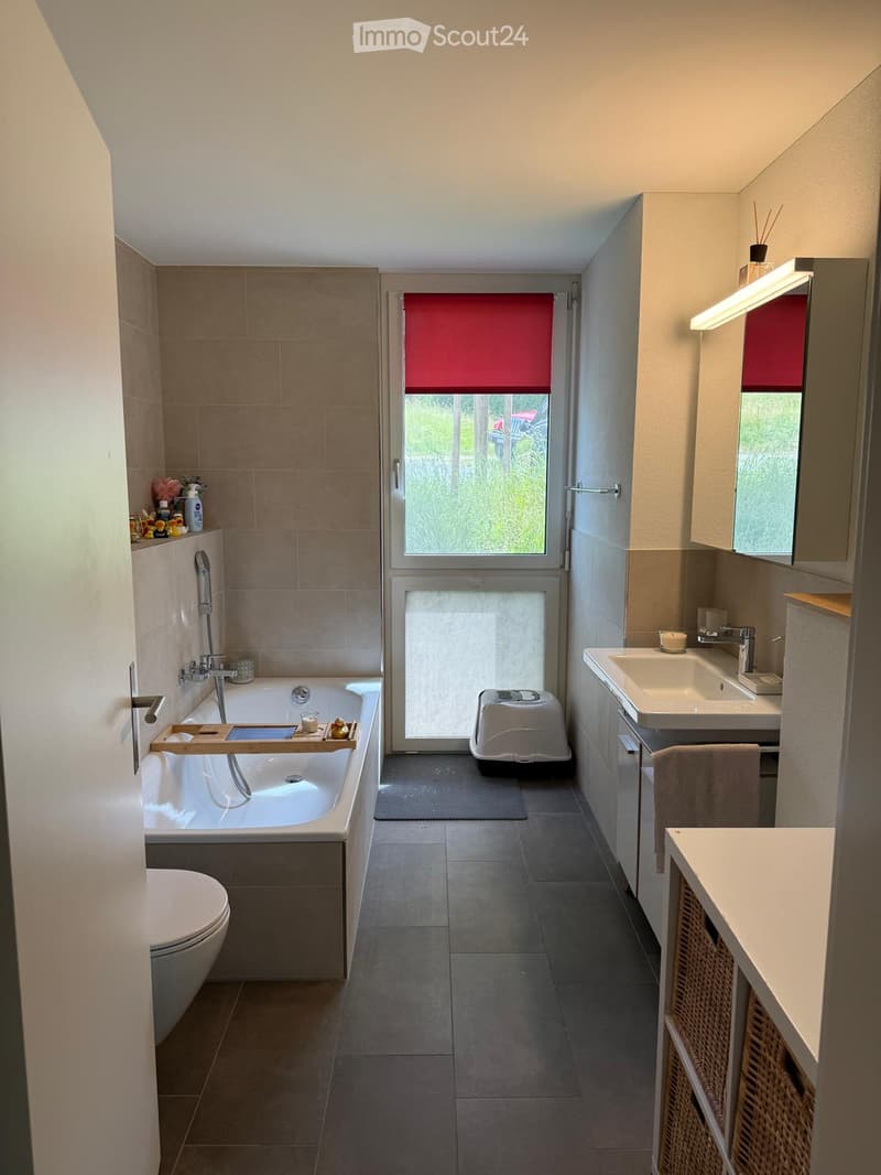 Modern bathroom with a bathtub, toilet, sink, and mirror. Features a large window with red blinds, a wooden bath tray, and a small pet carrier on the floor.