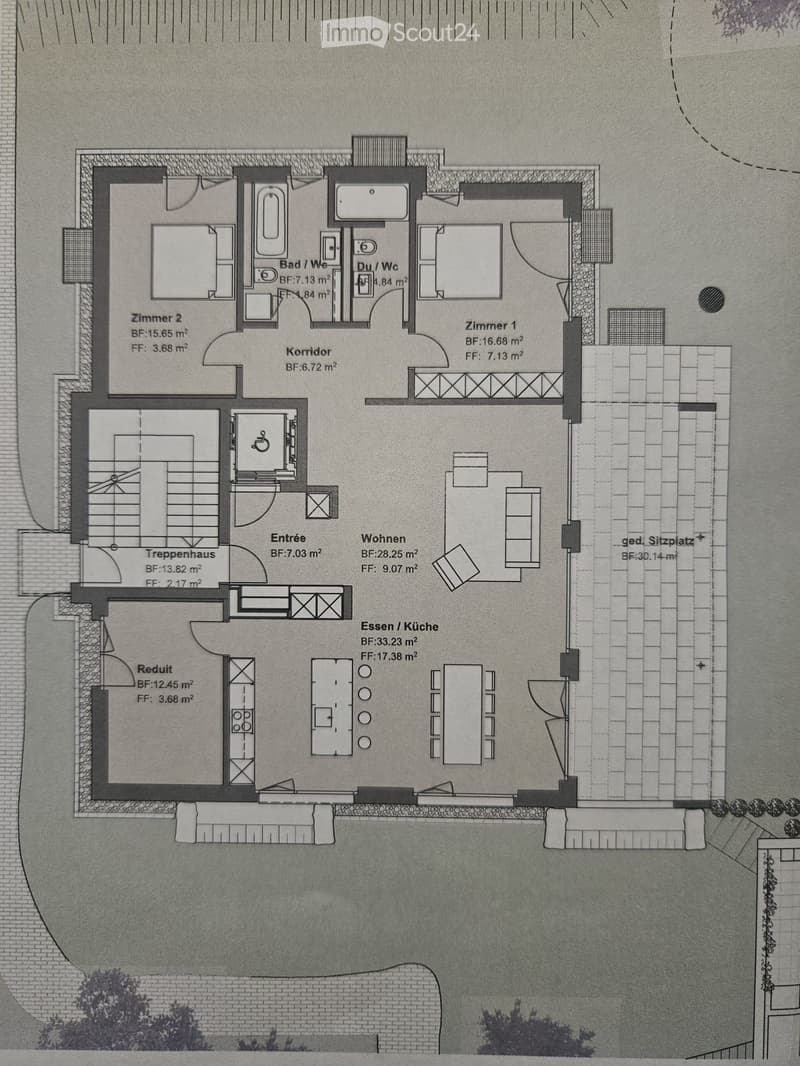 Floor plan of a house with two bedrooms, a bathroom, a living room, a dining room, a kitchen, a hallway, a staircase, and an entrance.