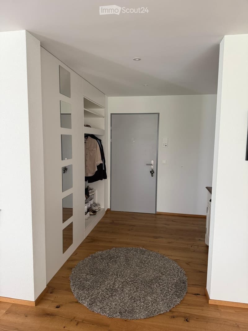 A modern hallway with wooden flooring, a round shaggy rug, a built-in closet with mirrored doors, and a closed door leading to another room.