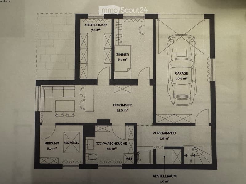 Floor Plan. Floor plan showing a layout with multiple rooms including a garage, storage room, dining room, heating room, WC/wash kitchen, hallway, and additional storage space.