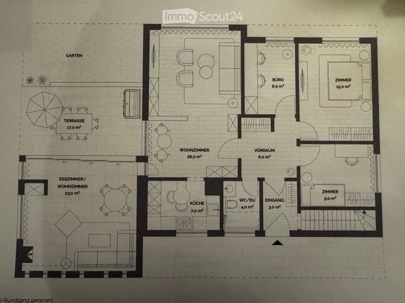 Floor Plan. Floor plan showing a3-room apartment with a kitchen, living room, bedroom, office, hallway, entrance, and bathroom. Includes a terrace and garden area.
