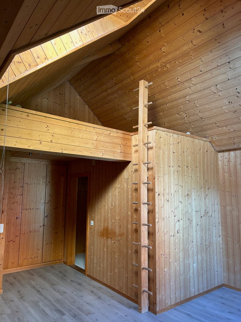 An empty attic space with wooden walls, ceiling, and floor, featuring a lofted sleeping platform and a ladder for access.