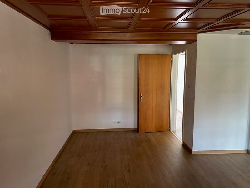 Empty room with wooden flooring, light-colored walls, and a wooden door leading to another space.