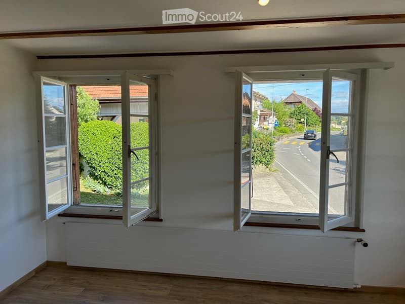 Empty room with wooden flooring, white walls, large windows with open shutters, radiator, and a view of the street and greenery.