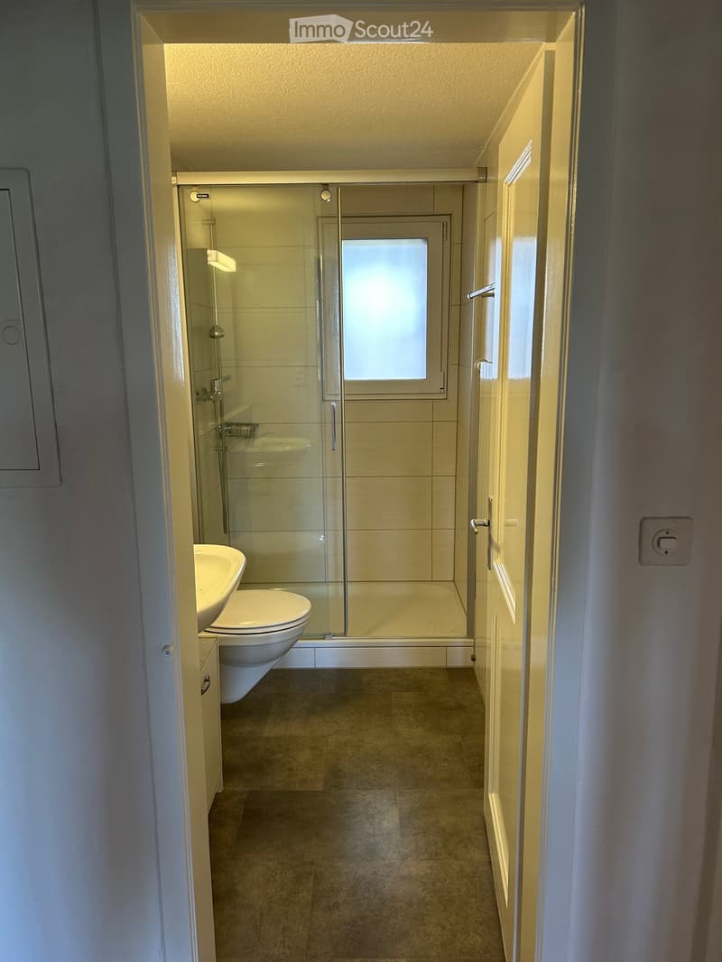 Modern bathroom with a glass-enclosed shower, toilet, and sink. Light-colored tiles and warm lighting.