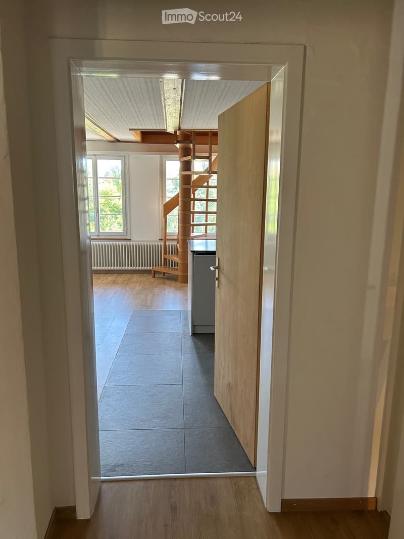 A modern hallway with wooden flooring, a spiral staircase leading to an upper level, and large windows allowing natural light to enter. The walls are painted in a light neutral color, and the space is clean and well-lit.