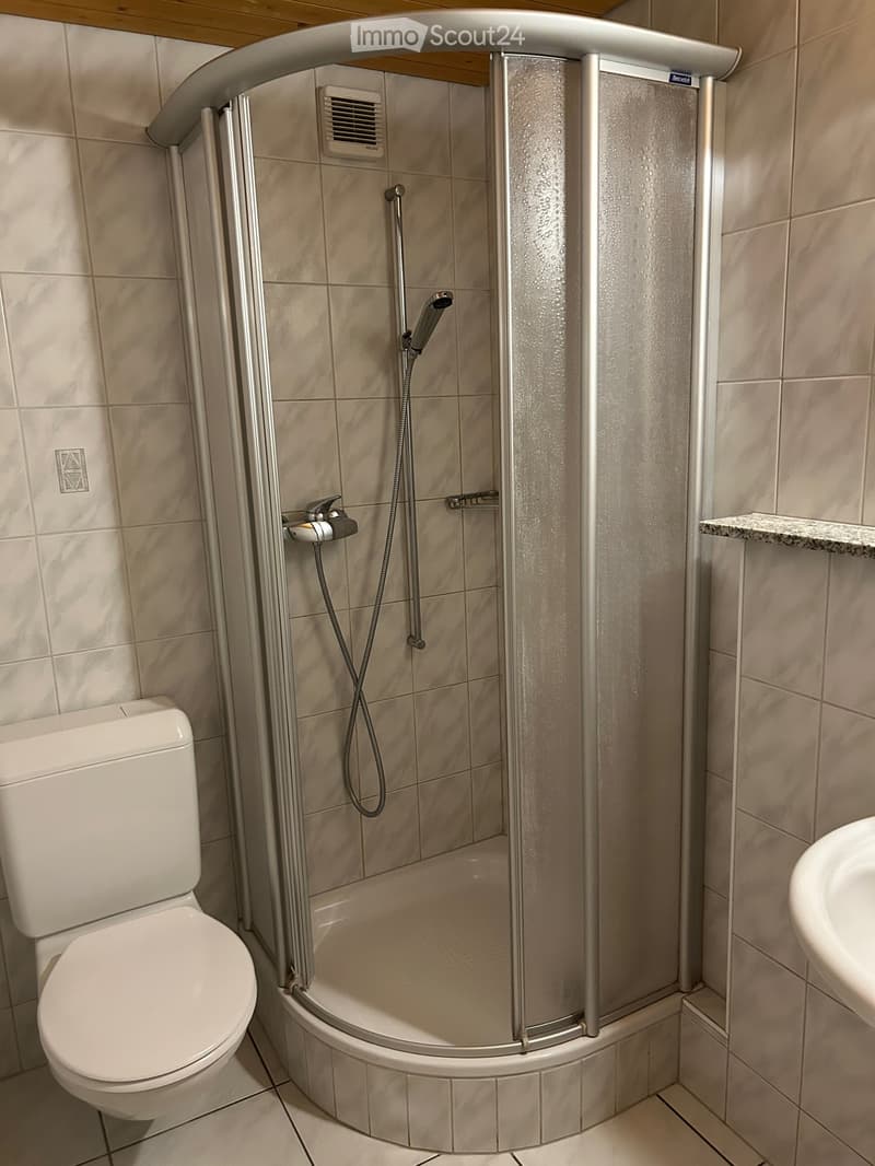 Modern bathroom with a corner shower, toilet, and sink. Shower features a handheld sprayer and a fixed overhead sprayer. The walls are tiled in beige, and the floor is tiled in light gray.