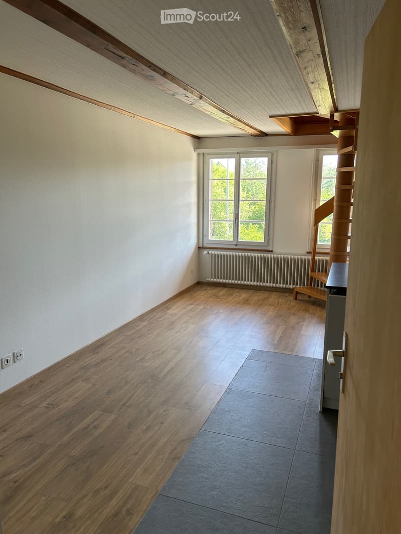 Empty room with wooden flooring, white walls, and a staircase leading upwards. Features a window with a view of greenery and a radiator below it.