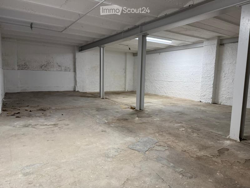Empty room, concrete floor, metal beams, fluorescent light, painted white walls, metal support columns