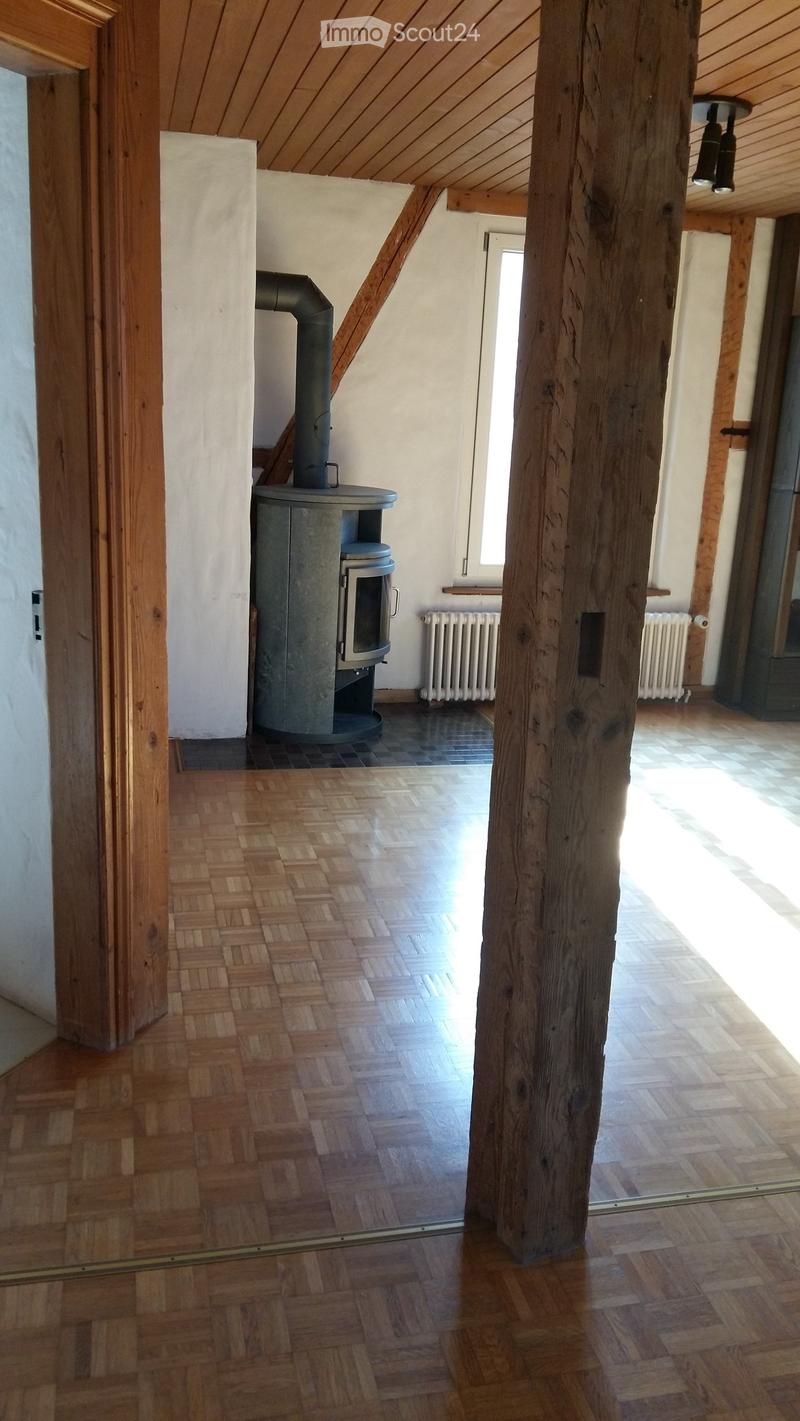 Bright hallway with wooden herringbone flooring, exposed wooden beams, and a modern wood-burning stove with a chimney. Natural light streams in from a window on the right side.