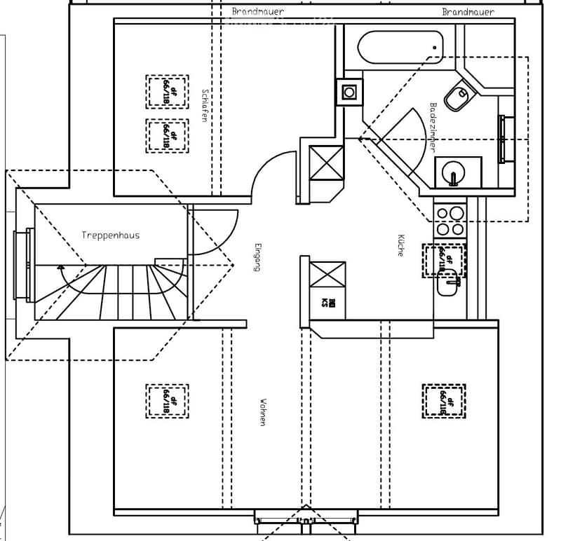 Floor plan showing a multi-room layout including a kitchen, living area, bedrooms, and a staircase. The plan includes labeled areas such as 'Küche' (kitchen), 'Wohnzimmer' (living room), and 'Schlafzimmer' (bedroom).