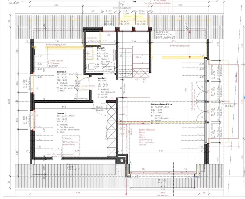 Floor plan showing a multi-room layout including a living/dining/kitchen area, two bedrooms, a bathroom, a hallway, and a storage area.