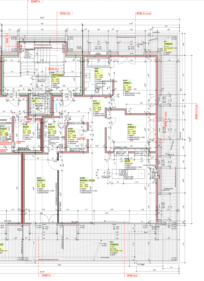 Floor plan of a residential building showing multiple rooms including a kitchen, living/dining area, bedrooms, bathroom, entrance, and terrace. Dimensions and labels for each room are provided.