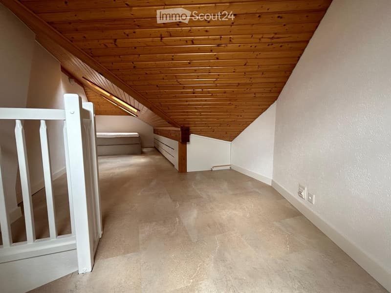 A narrow hallway with a wooden slanted ceiling, carpeted floor, white walls, and a white railing on the left side. A small room with a bed is visible at the end of the hallway.