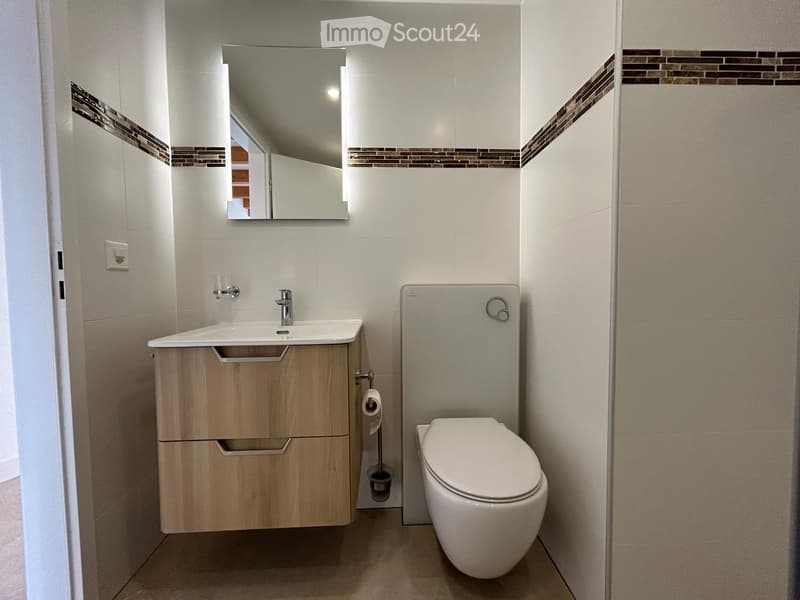 Modern bathroom with a white sink, wooden cabinet, toilet, and a large mirror above the sink. The walls are tiled with a decorative border.