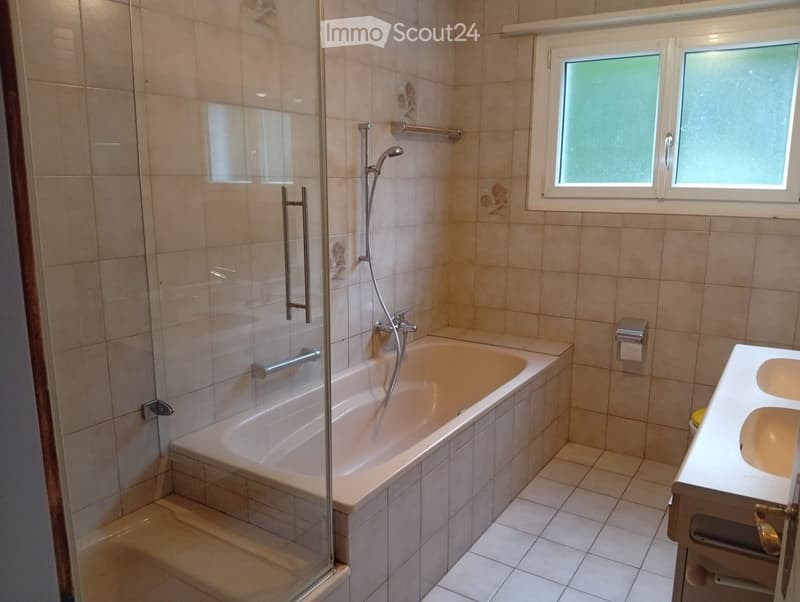 Bathroom with a bathtub, double sink, toilet, and a shower area with a glass enclosure and handrails.